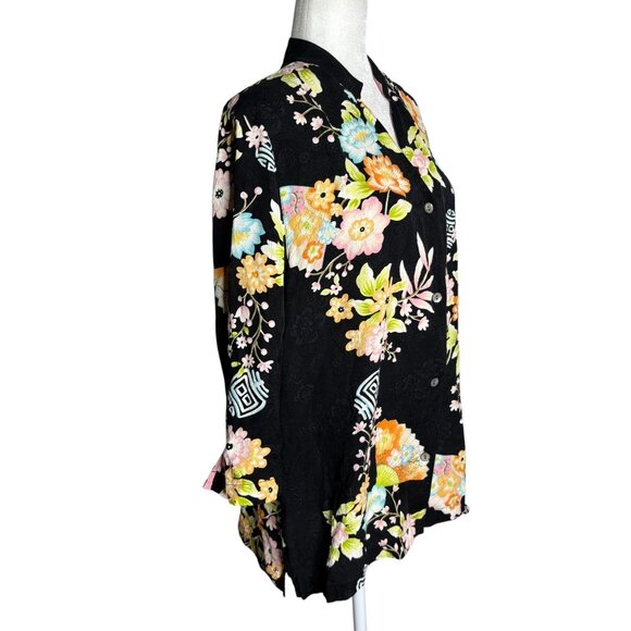 Silk Button Down Kimono Style Blouse Large Black Floral Mandarin Collar - Picture 5 of 6